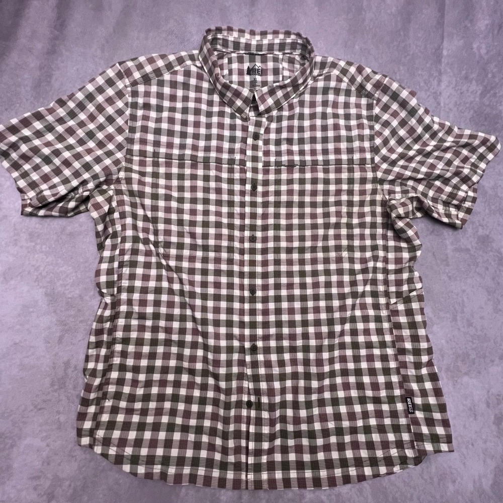 REI Co-op Shirt Mens XL Brown Plaid Short Sleeve Button Down Hiking Technical